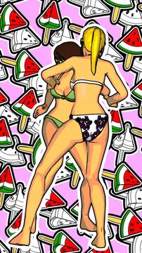 Seamless vertical video of  bikini girls dancing.  Funny summer background cartoon hand drawn style with a watermelon ice creams backdrop