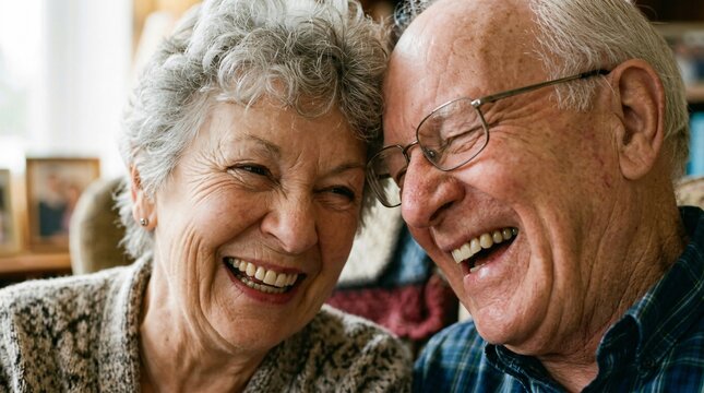 Happy senior couple head-to-head laughing together, expressing love, joy, and togetherness on National Grandparents Day.