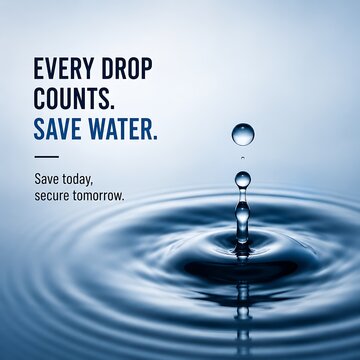 Close-up water drop falling onto a clear blue water surface creating ripples with environmental awareness text Every Drop Counts Save Water.