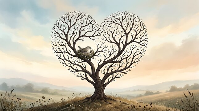 A serene art illustration featuring a majestic leafless tree naturally grown into a heart shape, holding a cozy bird's nest with a bird inside, set against a soft rural countryside landscape.