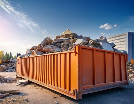 construction rubble and demolition waste piled in container broken concrete blocks and debris from building renovation industrial recycling background showing construction materials disposal
