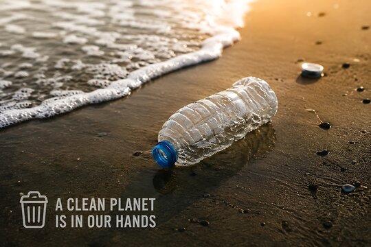 Plastic water bottle litter on a sandy beach at sunset, environmental pollution concept with text A Clean Planet Is In Our Hands.