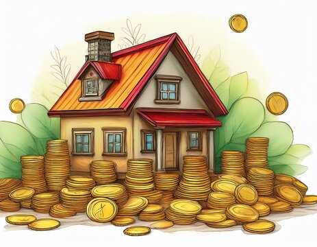 house and coins on white background