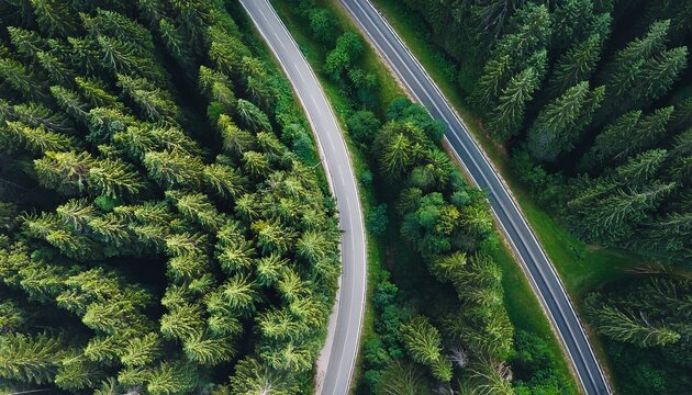 aerial top view of a road running through a dense forest natural landscape background with trees