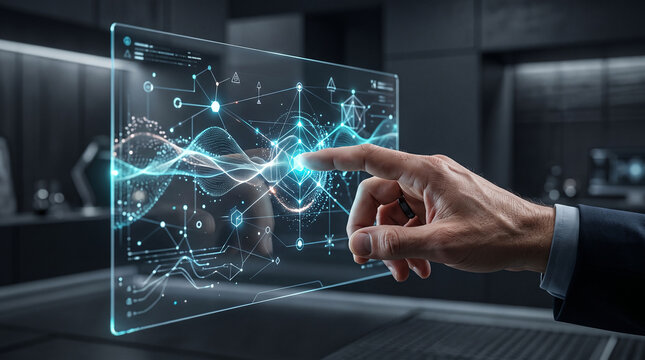 Interactive transparent display with data visualization operated by hand, showcasing future technology and business intelligence insights