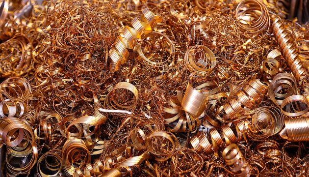 golden metal shavings texture background industrial machining waste from cnc turning and milling process metallic scrap curls and brass swarf closeup for engineering industry concept
