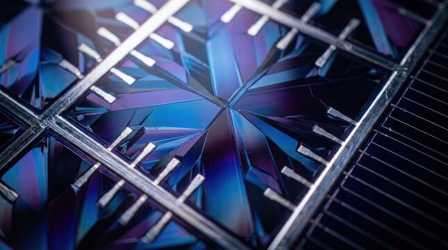 Macro photography of a solar cell showing intricate blue crystalline patterns and metal wiring.