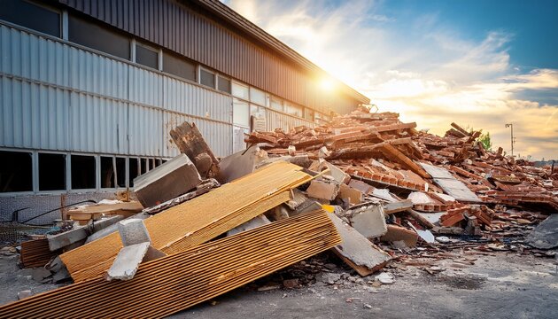 construction demolition waste pile near industrial building broken insulation boards and rubble create textured background building renovation generates heavy debris recycling and disposal concept