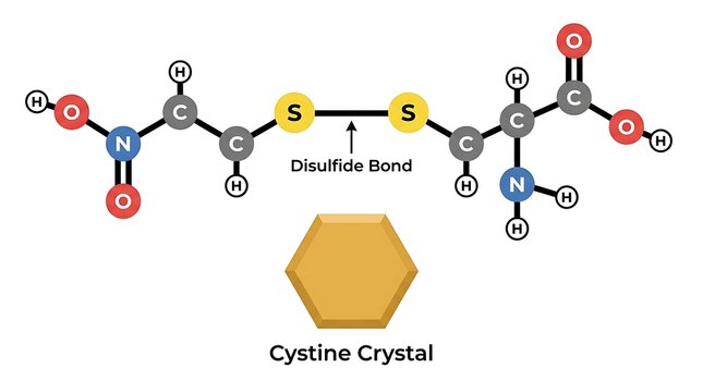 Molecular structure diagram of cystine crystal and disulfide bond with amino acid