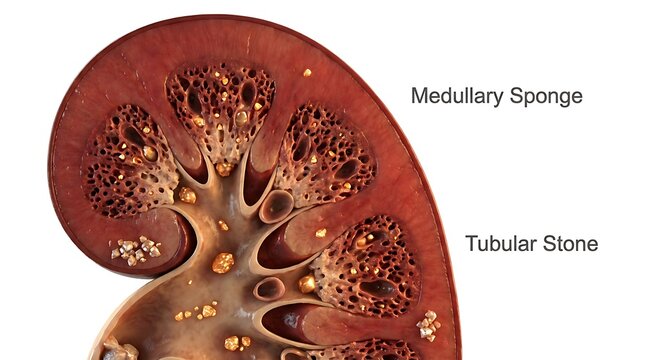 Anatomical cross section of a human kidney showing medullary sponge and tubular stone
