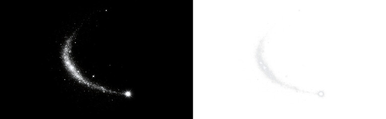 Fototapeta premium Glowing white magical streak of light with sparkling particles and a curved swirl trail on a transparent background, PNG. Transparent image of a dynamic white wave with glow.