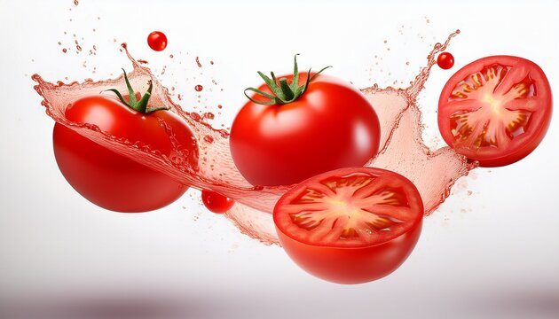 tomato with half slices falling or floating in the air isolated on a white background white vibrant red fruit suspended mid air against pure backdrop showcasing juicy texture and natural