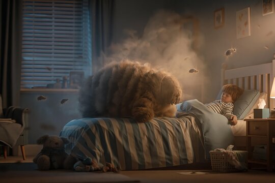 A giant fluffy dust mite monster sitting on a child's bed in a bedroom