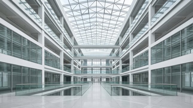 Modern glass office atrium architecture with a high vaulted ceiling and clean geometric structure.