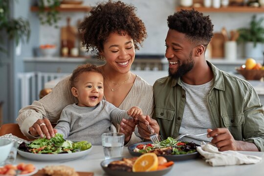 A happy multiracial family enjoys a healthy meal together at a kitchen table