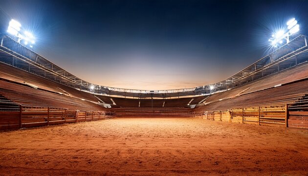 illuminated rodeo arena with silent bleachers concept an empty stadium with dirt floor ready for an upcoming event