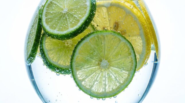 Refreshing citrus slices of lemon and lime floating in clear sparkling water with tiny bubbles.