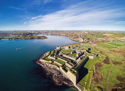 Aerial view of Charles Fort Military Fortress on an exposed coastal bluff, Kinsale, County Cork, Ireland