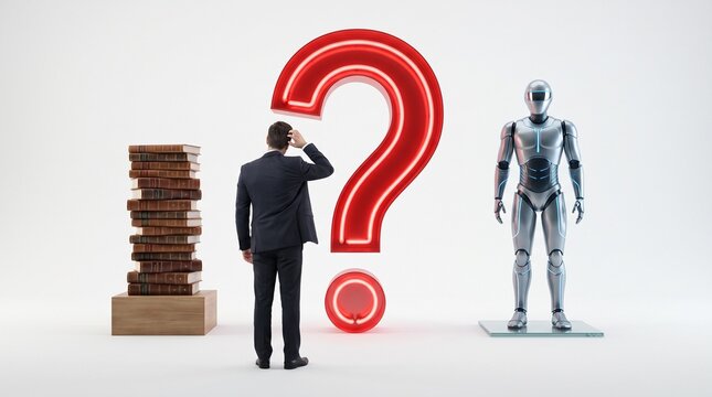 Man choosing between traditional books and ai robot concept. human decision, artificial intelligence vs education dilemma