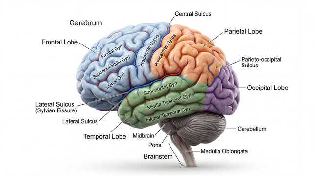 Anatomical Visualization of Human Cerebrum Lobes and Brainstem Structures Illustrating Neurological Functions and Cognitive Processes for Medical Education and Scientific Study