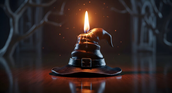 A mystical black witch hat with a glowing candle flame burning on top in a dark forest