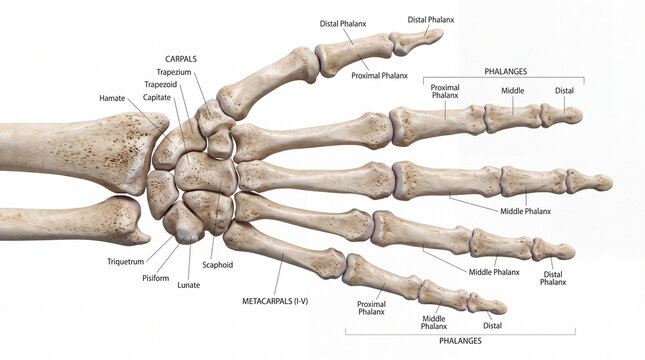 Anatomical Depiction of Human Hand Bones Labelled With Phalanges Metacarpals Carpals and Radius Anatomy Illustrating Skeletal Structure and Joint Articulation for Medical and Educational Purposes.
