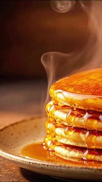 Stack of fresh hot pancakes with melting butter and pouring maple syrup in rustic ceramic plate breakfast steam food sweet homemade
