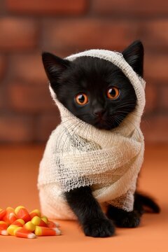 Cute black kitten dressed as a mummy with orange eyes and candy corn cat