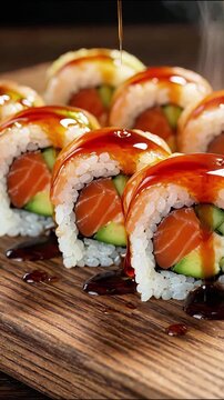 Fresh salmon maki sushi rolls with avocado being drizzled with dark savory sauce on wooden board seafood japanese food soy roll seafood japanese food soy roll