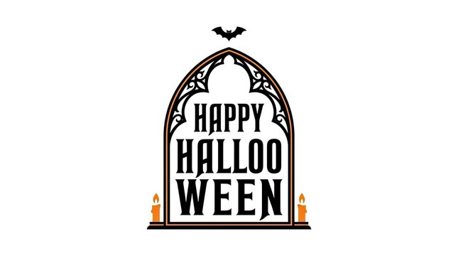 A spooky gothic style happy halloween typography design featuring a dark archway frame with a small bat silhouette above text
