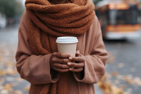 Warmly dressed person enjoying coffee on autumn street
