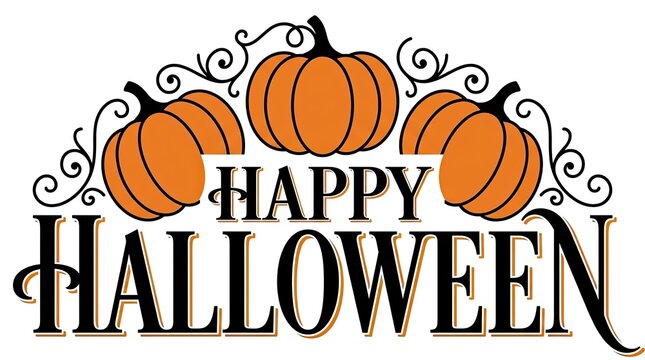 Decorative happy halloween typography design featuring three orange pumpkins with elegant black swirls isolated on a clean white background