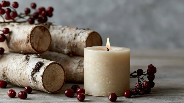 Birch wood, berries, and lit candle create soothing, nature-inspired still life