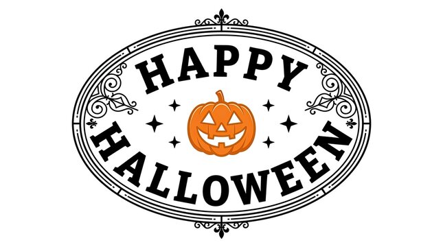 A vintage style happy halloween typography design featuring an ornate oval frame and a cute carved jack o lantern pumpkin illustration
