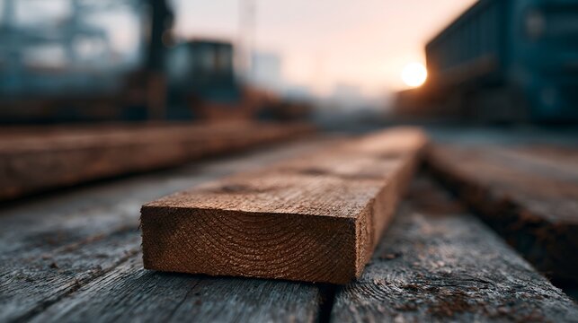 Sunlight highlights rough wood grain on construction floor