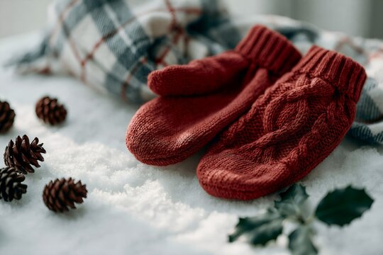 Hand-knitted mittens lie in snow beside pinecones
