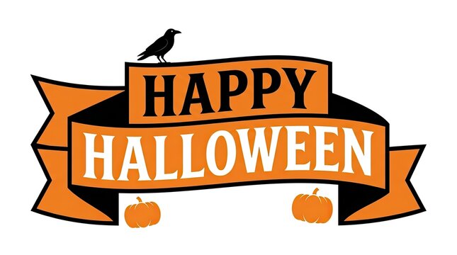 A festive happy halloween typography design featuring a black crow and orange pumpkins on a decorative ribbon banner for holiday celebrations