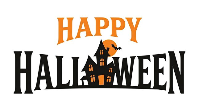 Decorative happy halloween typography featuring a spooky haunted house silhouette and full moon isolated on a clean white background