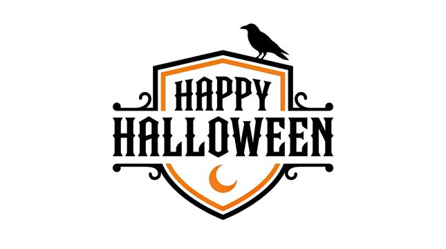 Vintage style happy halloween typography design featuring a black crow perched on a shield emblem with a crescent moon icon