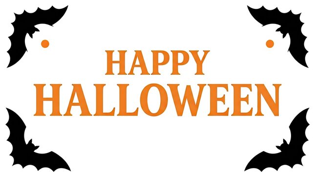 A festive happy halloween typography design featuring elegant orange text surrounded by four black flying bats on a white background