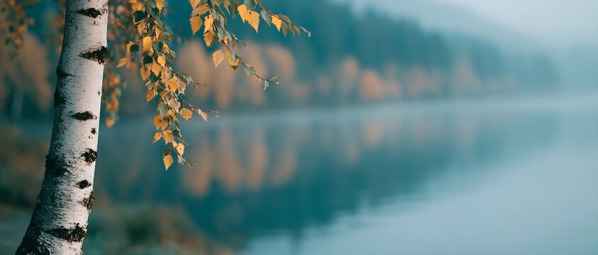 Soft-focused lake view with birch tree and autumn leaves