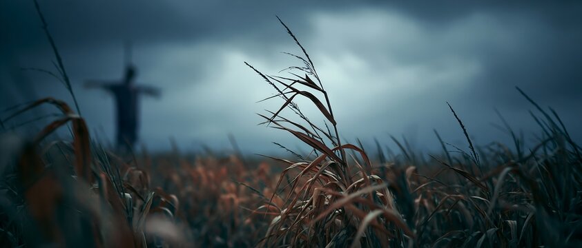 Mysterious figure raises arms amid stormy sky and dried cornfield