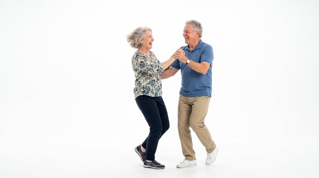 Joyful senior couple dancing and laughing together against a clean white background