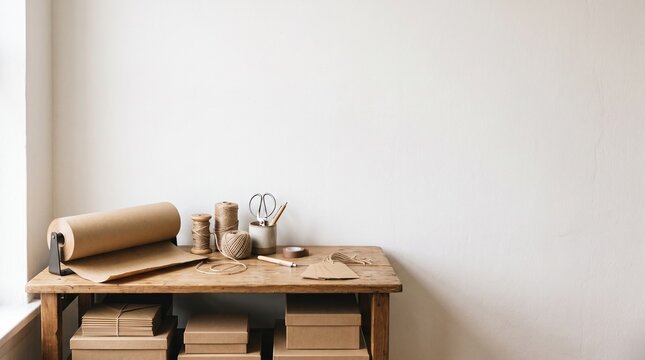 Rustic wooden table with craft supplies for gift wrapping and packaging