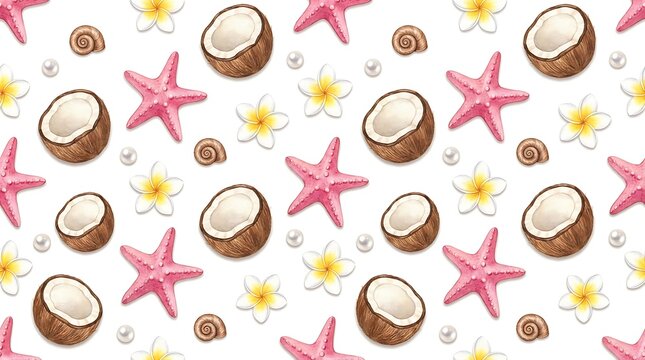 A seamless watercolor pattern featuring tropical coconuts and pink starfish on white.