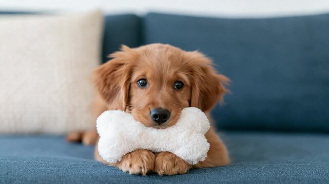 Golden retriever puppy with plush bone toy on blue sofa background for pet social media banner and website header