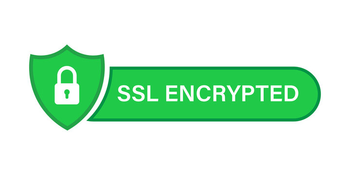Green shield icon with a padlock symbol and ssl encrypted text for website security badge