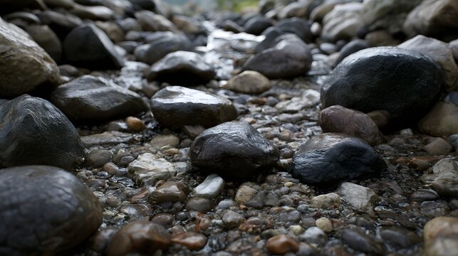 Wet river stones of various sizes and colors arranged naturally along a shallow waterbed with smooth surfaces reflecting ambient light