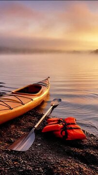 Yellow kayak and life vest on shore of misty lake at sunrise paddle morning mist fog water paddle morning mist fog water