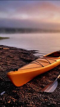 Yellow sea kayak resting on rocky shore near misty lake at dawn morning mist sunrise paddle nature morning mist sunrise paddle nature